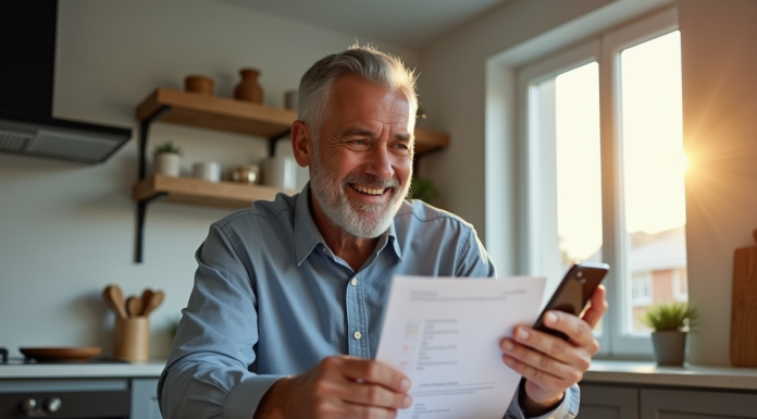 Homme confiant regardant documents financiers dans une cuisine lumineuse