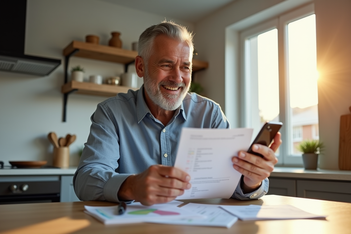 Homme confiant regardant documents financiers dans une cuisine lumineuse