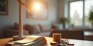 Intérieur moderne d'une maison avec billets et pièces euro sur une table