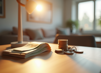 Intérieur moderne d'une maison avec billets et pièces euro sur une table