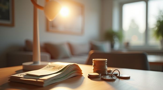 Intérieur moderne d'une maison avec billets et pièces euro sur une table