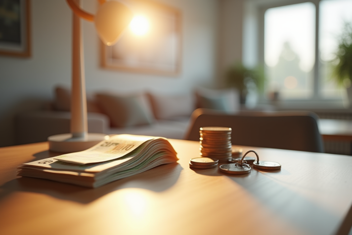 Intérieur moderne d'une maison avec billets et pièces euro sur une table