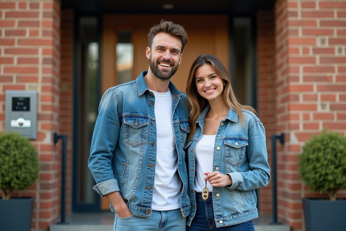 Jeune couple souriant devant un immeuble résidentiel