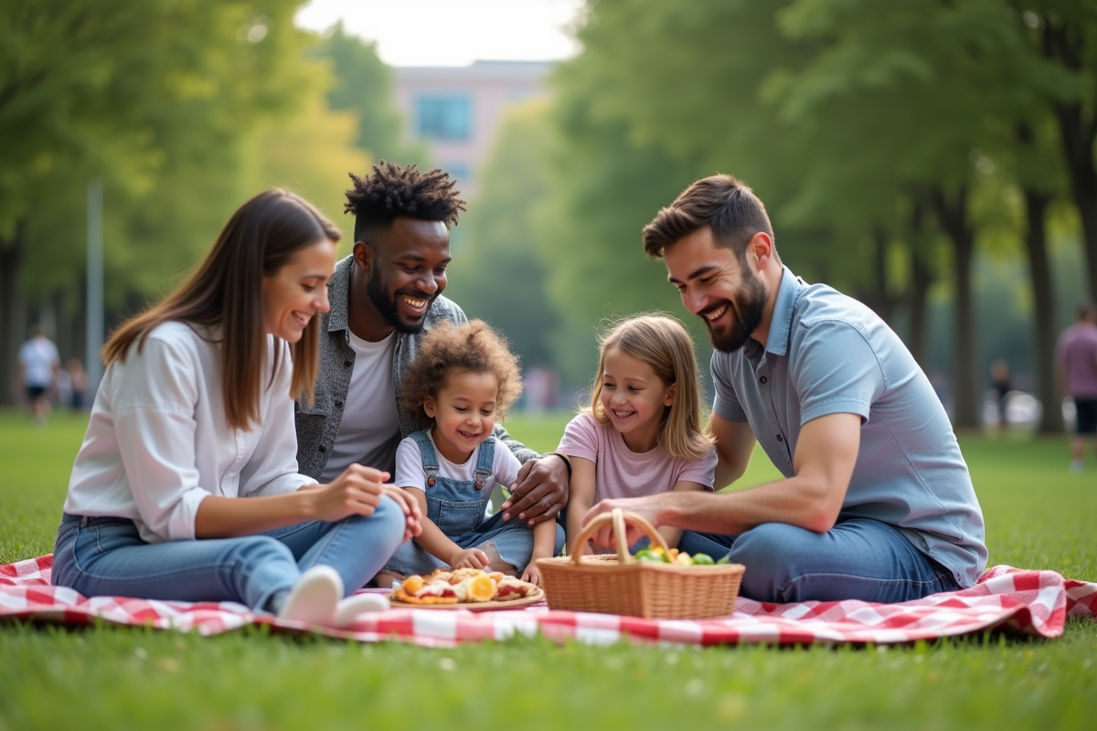 Famille diverse profitant d