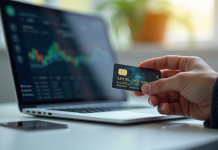 Main tenant un portefeuille crypto avec une carte bancaire et un écran de transaction