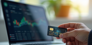 Main tenant un portefeuille crypto avec une carte bancaire et un écran de transaction