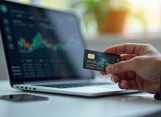 Main tenant un portefeuille crypto avec une carte bancaire et un écran de transaction