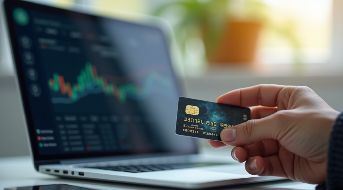 Main tenant un portefeuille crypto avec une carte bancaire et un écran de transaction