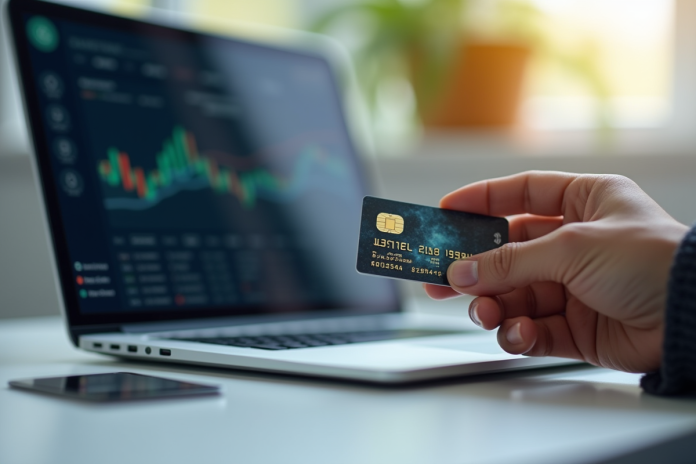 portefeuille-crypto-laptop Main tenant un portefeuille crypto avec une carte bancaire et un écran de transaction
