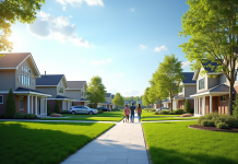 Quartier résidentiel canadien au printemps avec famille et maisons