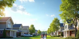 Quartier résidentiel canadien au printemps avec famille et maisons