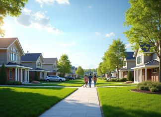 Quartier résidentiel canadien au printemps avec famille et maisons