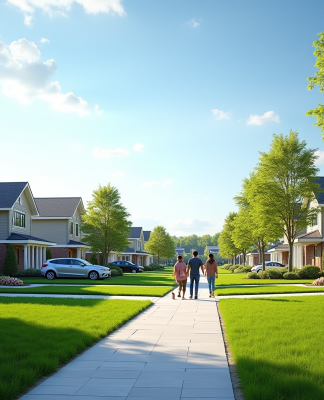 Quartier résidentiel canadien au printemps avec famille et maisons