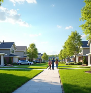 Quartier résidentiel canadien au printemps avec famille et maisons