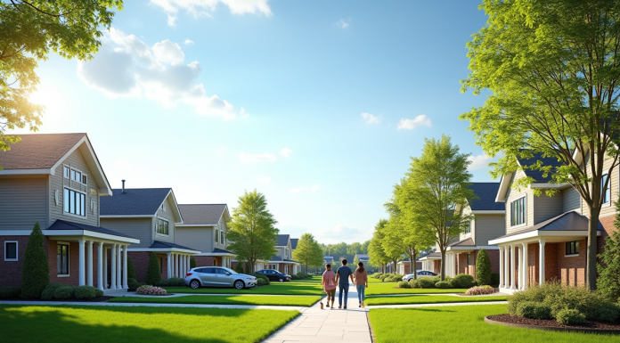 Quartier résidentiel canadien au printemps avec famille et maisons