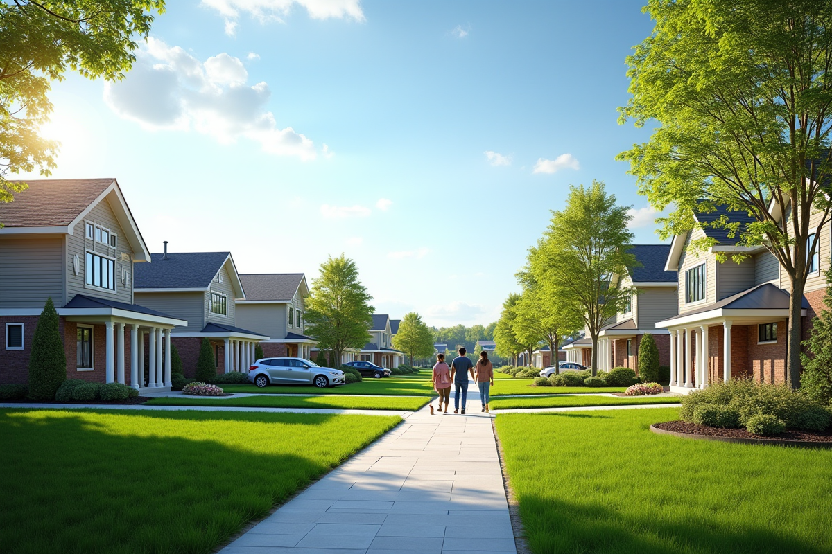 Quartier résidentiel canadien au printemps avec famille et maisons