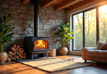 Salon moderne chaleureux avec poêle à bois en fonctionnement