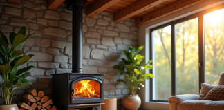 Salon moderne chaleureux avec poêle à bois en fonctionnement