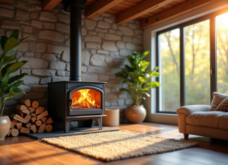 Salon moderne chaleureux avec poêle à bois en fonctionnement