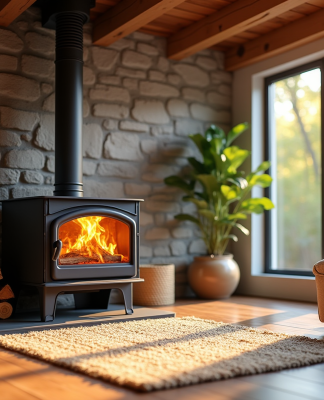 Salon moderne chaleureux avec poêle à bois en fonctionnement