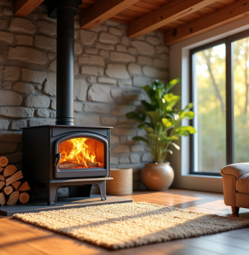 Chauffage au bois : une solution locale, durable et efficace Salon moderne chaleureux avec poêle à bois en fonctionnement