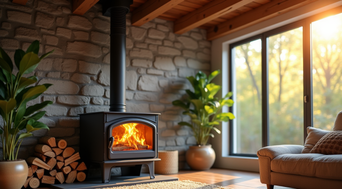 Salon moderne chaleureux avec poêle à bois en fonctionnement