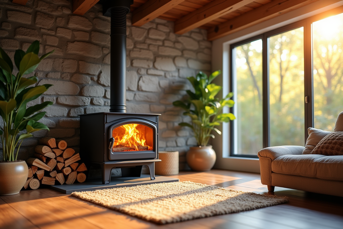 Salon moderne chaleureux avec poêle à bois en fonctionnement