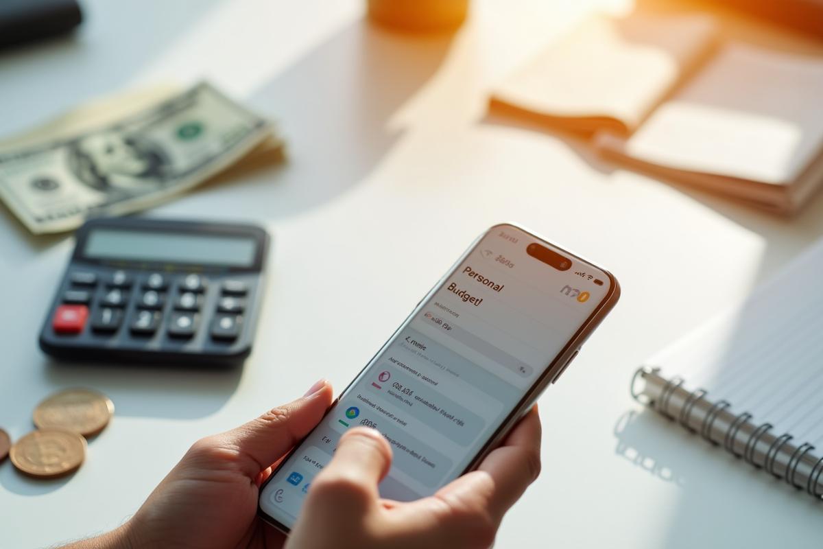 Main tenant un smartphone avec application de budget
