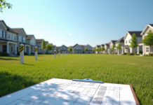 Terrain vacant en banlieue avec plans et piquets