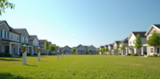 Terrain vacant en banlieue avec plans et piquets