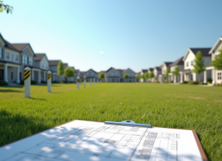 Terrain constructible : critères et caractéristiques à connaître Terrain vacant en banlieue avec plans et piquets