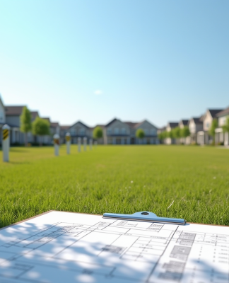 Terrain vacant en banlieue avec plans et piquets