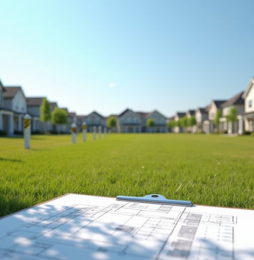 Terrain vacant en banlieue avec plans et piquets