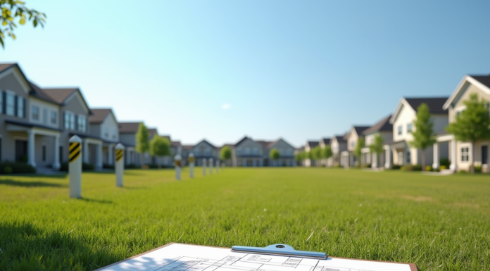 Terrain vacant en banlieue avec plans et piquets