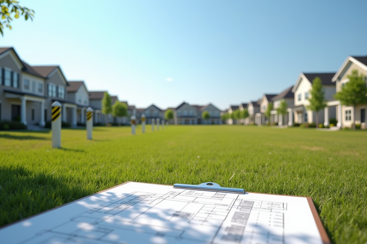 Terrain vacant en banlieue avec plans et piquets