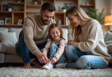 Avantages d’épouser une femme avec enfant : tout ce que vous devez savoir Pere aidant sa fille à lacer ses chaussures dans un salon chaleureux