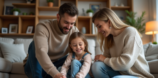 Pere aidant sa fille à lacer ses chaussures dans un salon chaleureux