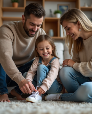 Pere aidant sa fille à lacer ses chaussures dans un salon chaleureux