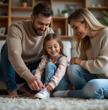Avantages d’épouser une femme avec enfant : tout ce que vous devez savoir Pere aidant sa fille à lacer ses chaussures dans un salon chaleureux