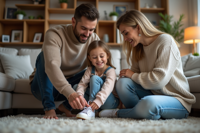 Pere aidant sa fille à lacer ses chaussures dans un salon chaleureux