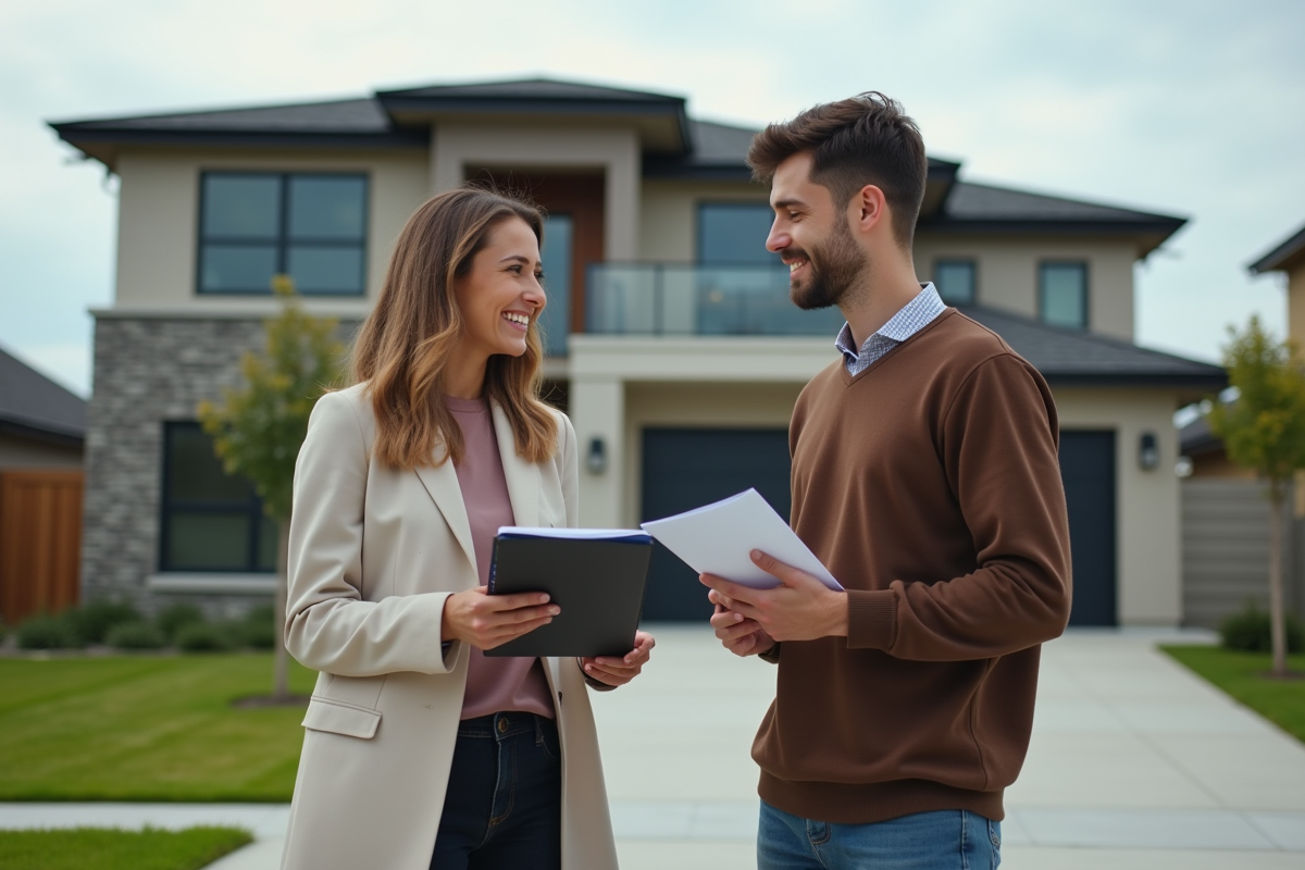 Jeune couple devant une maison contemporaine