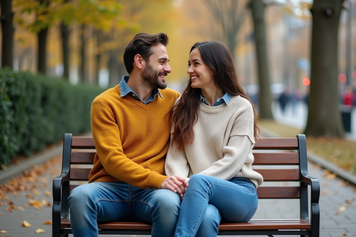 Couple souriant assis sur un banc dans un parc