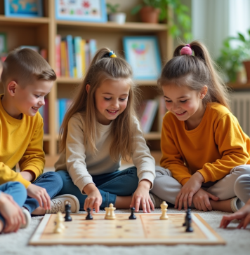 Développement intellectuel : les bénéfices du jeu expliqués en profondeur Groupe d'enfants d'école primaire jouant à un jeu de société