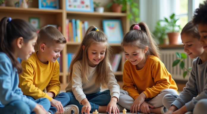Groupe d'enfants d'école primaire jouant à un jeu de société