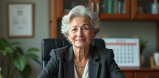 Femme d'une soixantaine en costume dans son bureau
