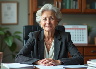 Femme d'une soixantaine en costume dans son bureau