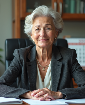 Femme d'une soixantaine en costume dans son bureau