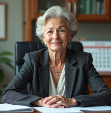Femme d'une soixantaine en costume dans son bureau