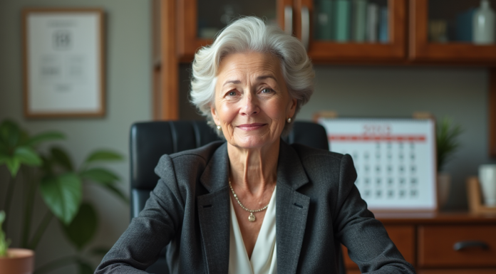 Femme d'une soixantaine en costume dans son bureau