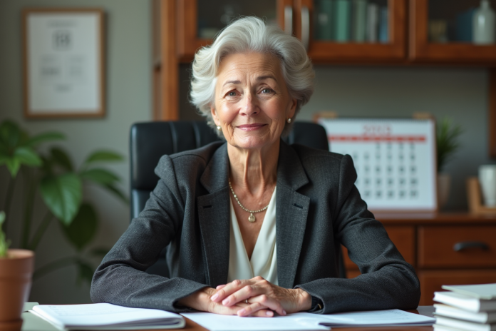 femme-bureau-reflexion Femme d'une soixantaine en costume dans son bureau